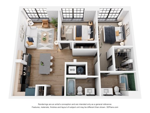 Floor plan for 2 beds, 2 baths, 960 sqft